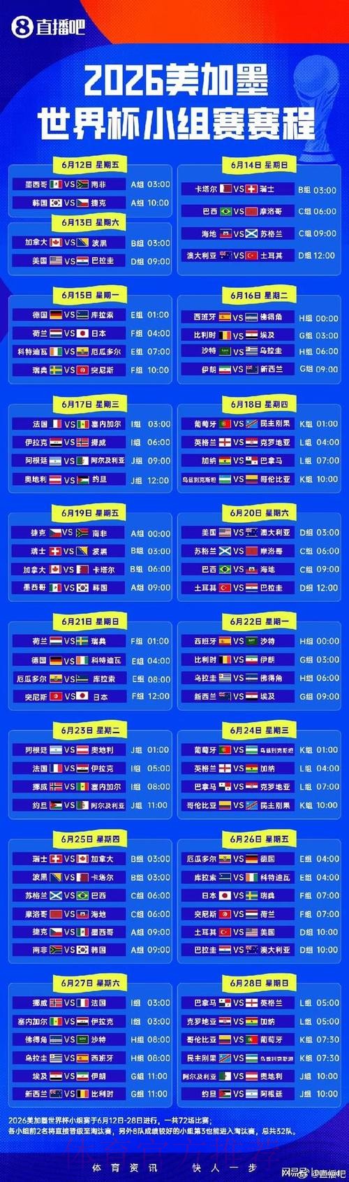 2026世界杯小组赛赛程一览全程直播官网入口 2026世界杯小组赛赛程一览全程直播官网入口
